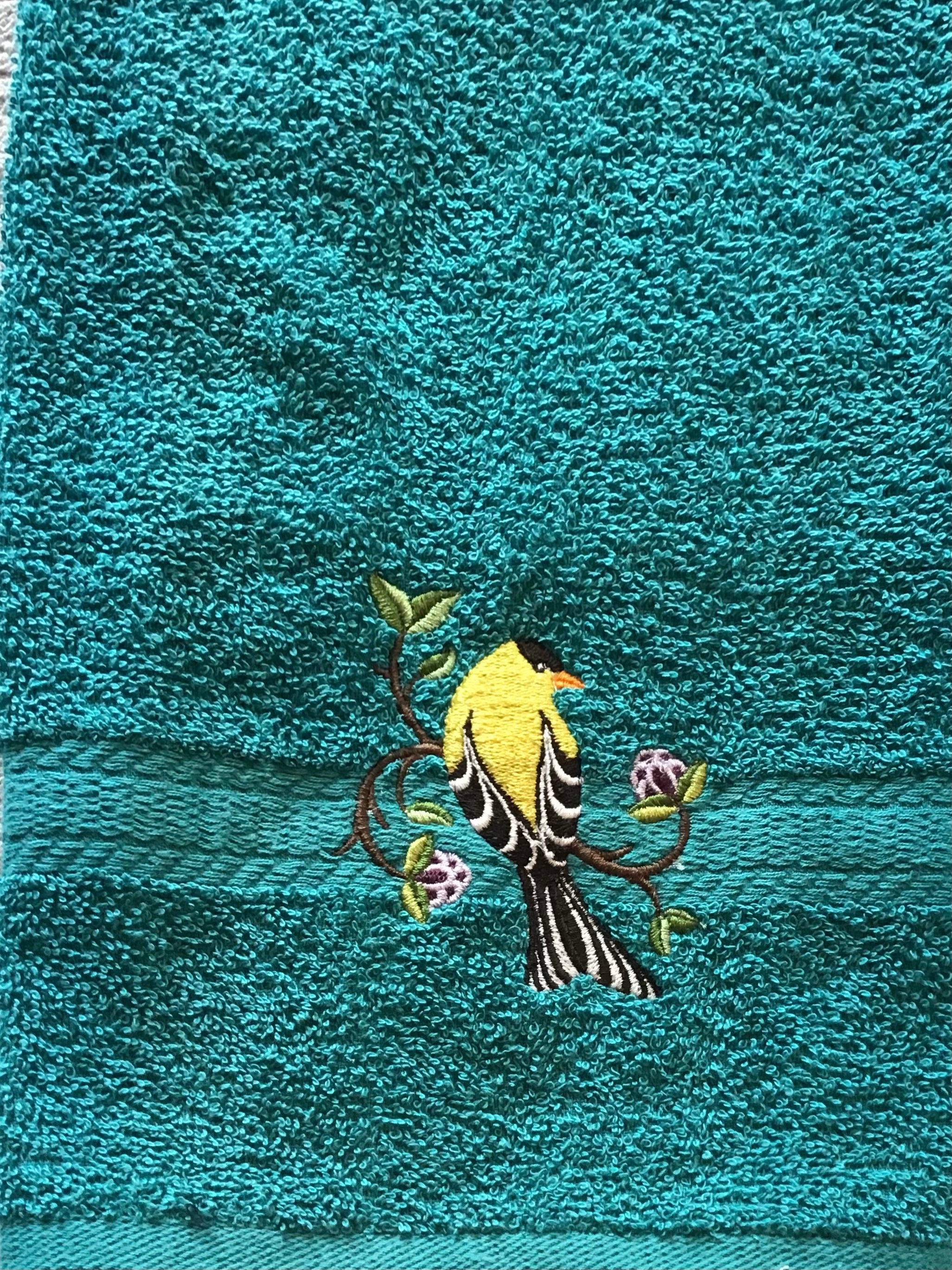 Perching Goldfinch Embroidered Hand Towel