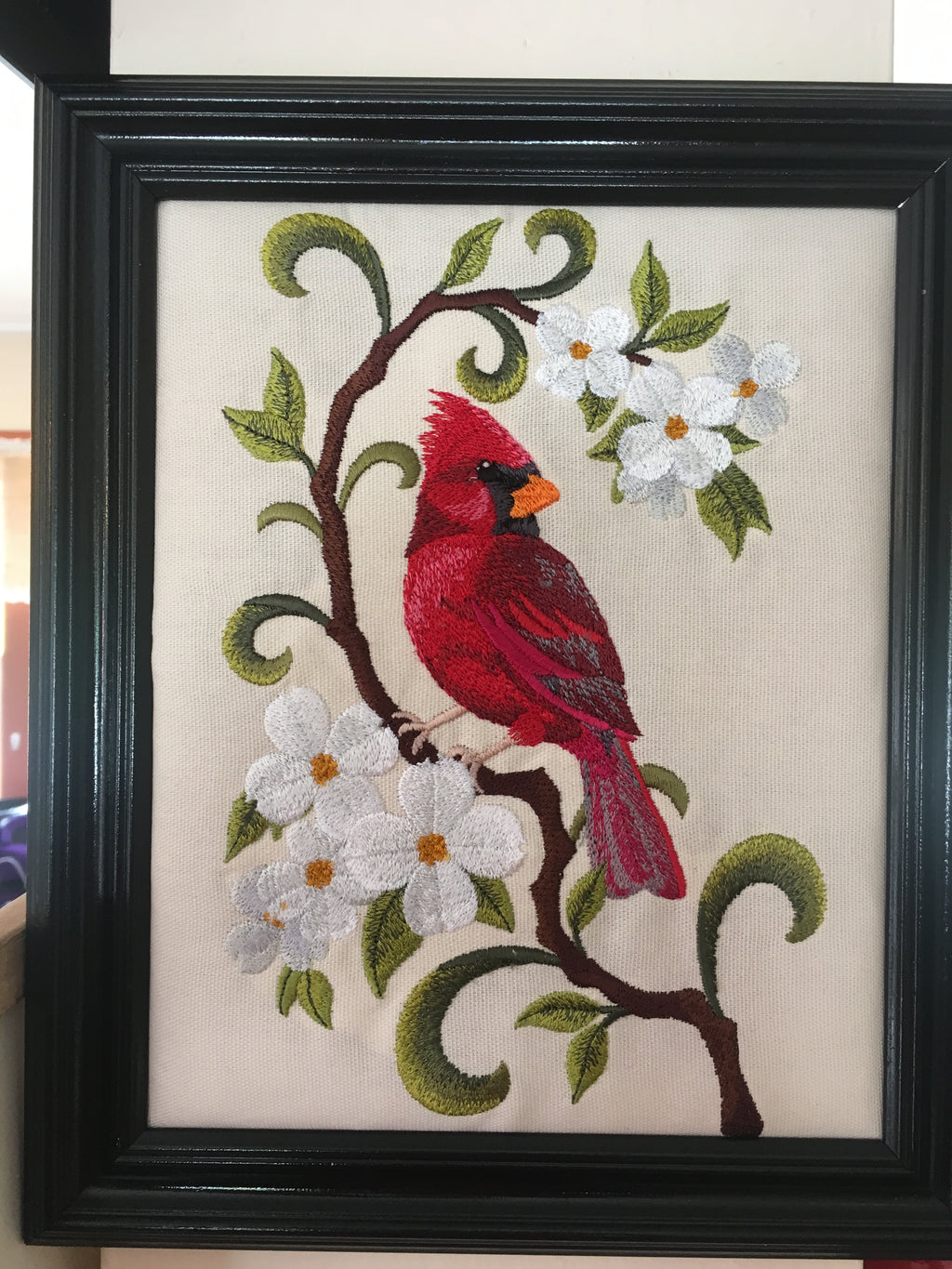 Cardinal on Dogwood Artisan Embroidered Wall Hanging