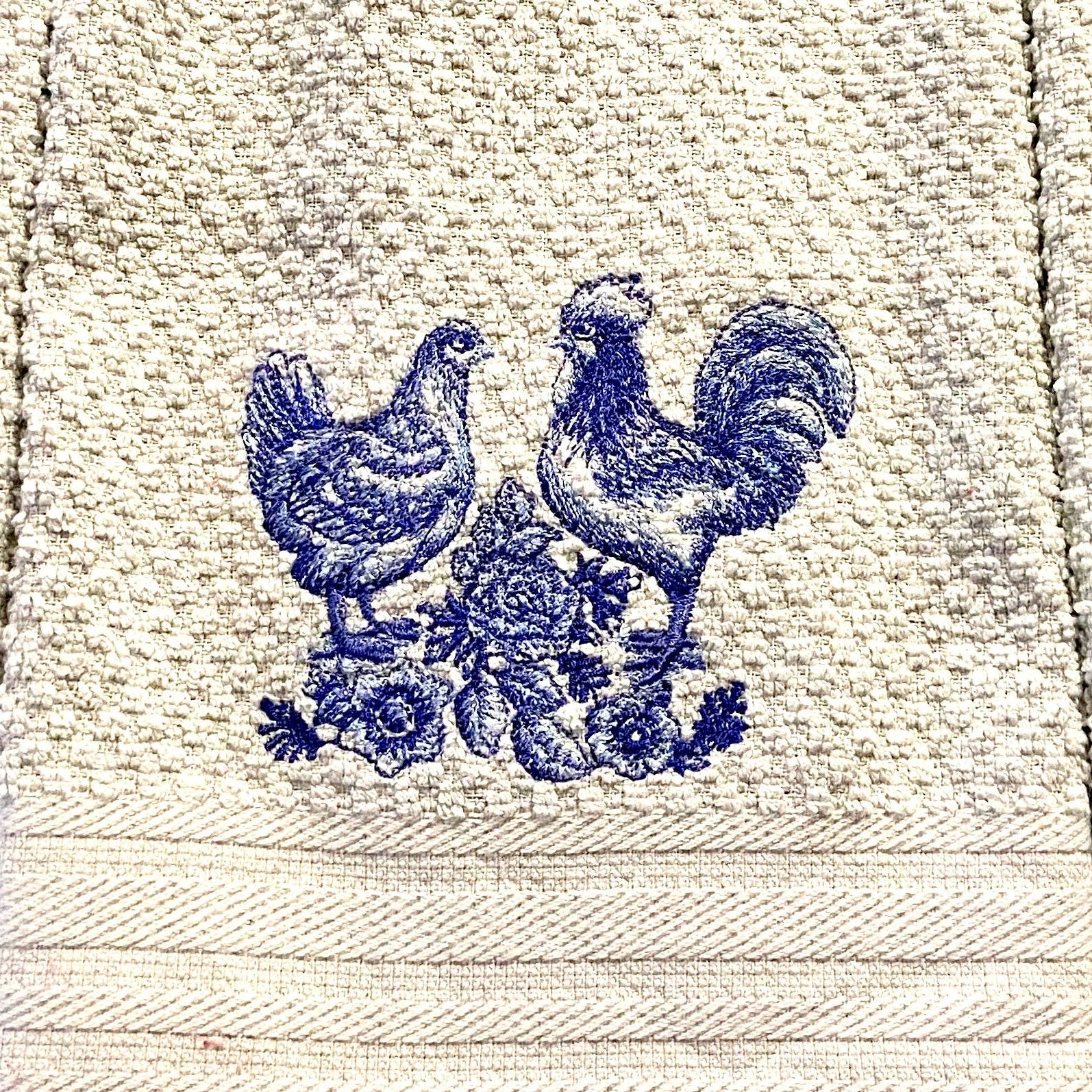 Deft Blue Hen and rooster kitchen towel