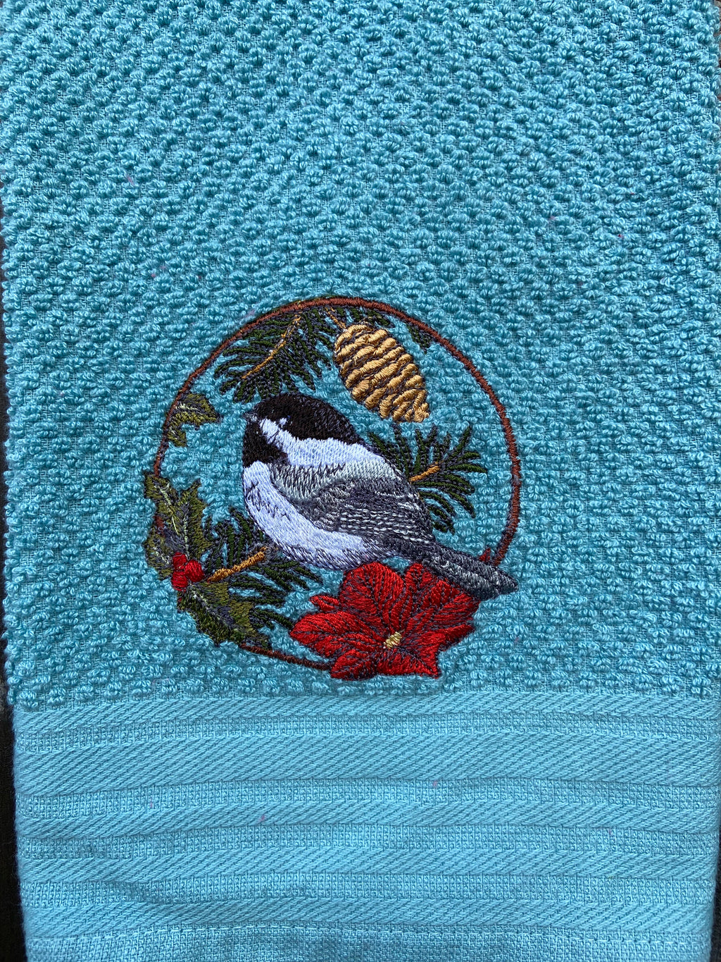 Winter chickadee in circle kitchen towel