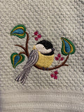 Perching pretty chickadee kitchen towel