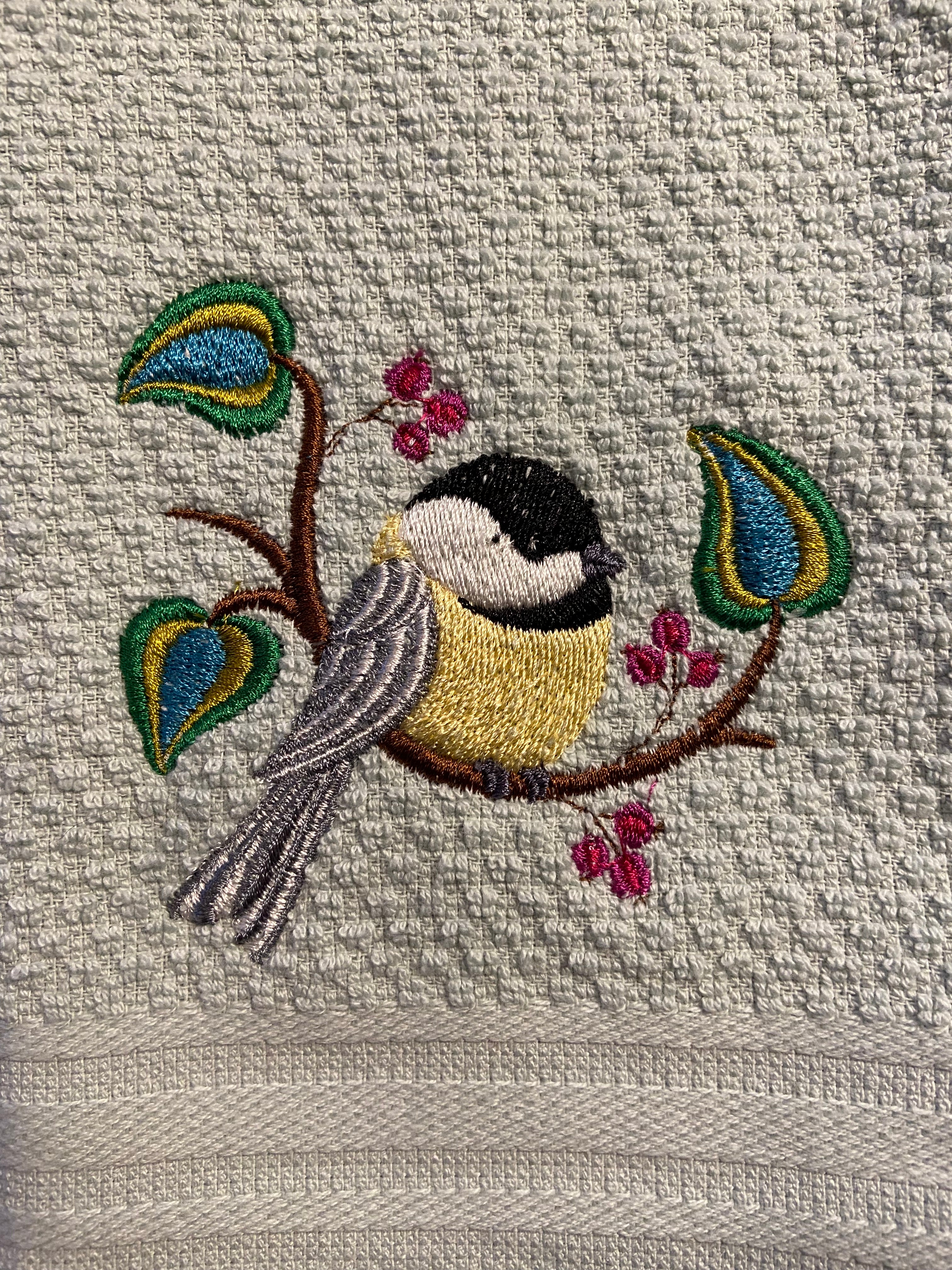 Perching pretty chickadee kitchen towel