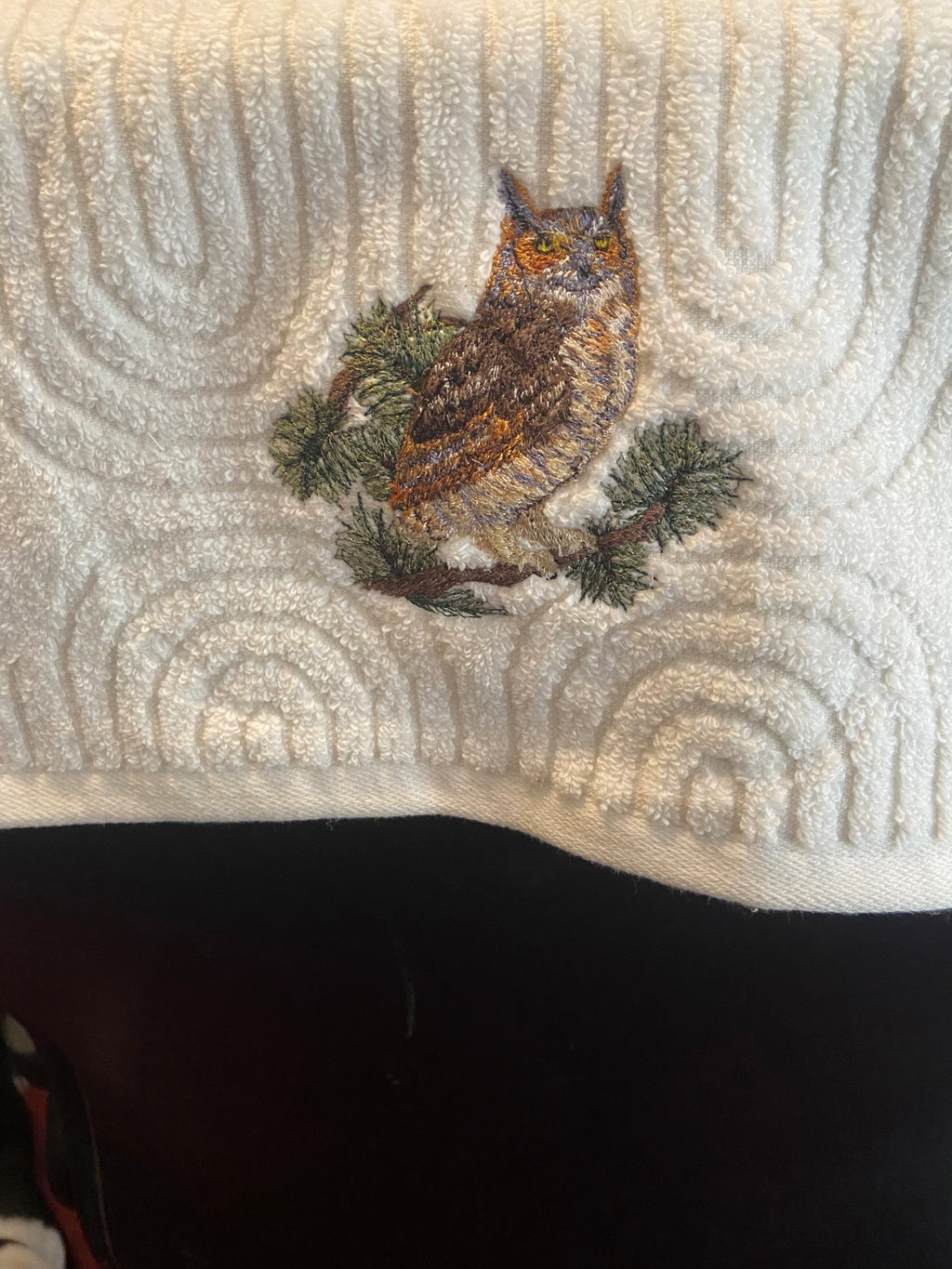 Great Horned Owl embroidered hand towel