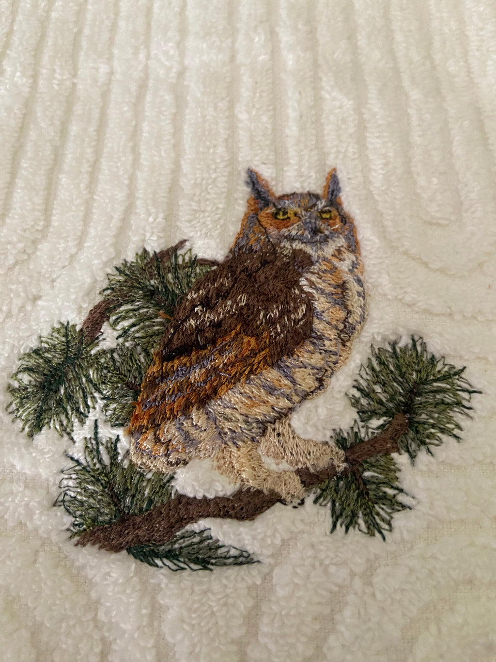 Great Horned Owl embroidered hand towel