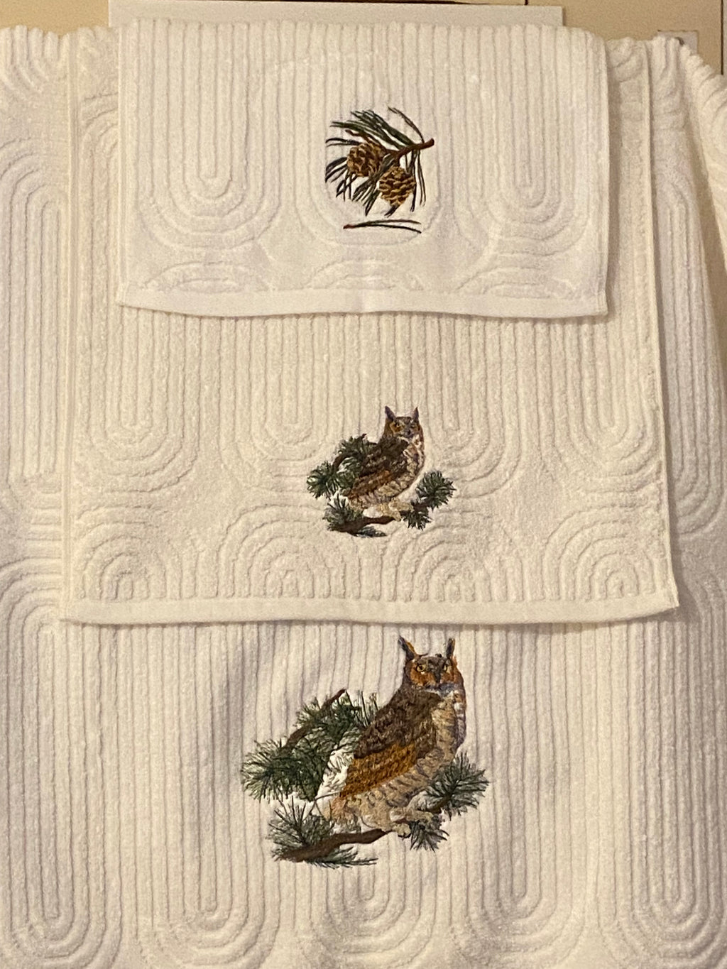 Great Horned Owl embroidered hand towel
