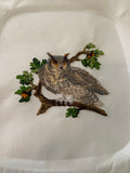 Great Horned Owl on oak branch embroidery
